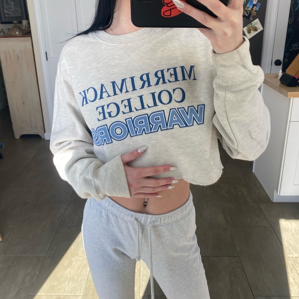 Gray Merrimack college cropped crew neck